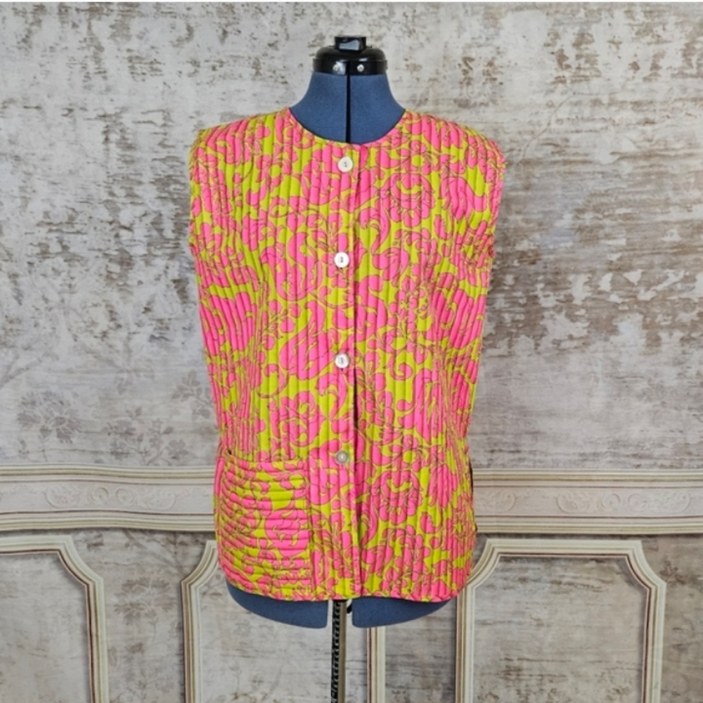 Vintage 1960s 1970s Blouse Mod Pink Green Top Smock Apron Style Sleeveless
